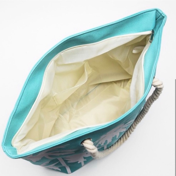 AQUA/WHITE PALM TREE LARGE BEACH TOTE BAG - Picture 4 of 4